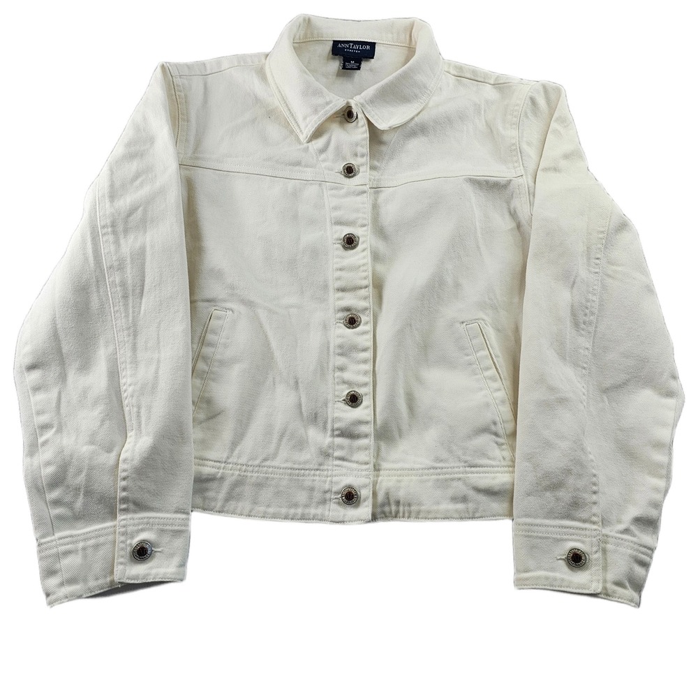 Ann Taylor Trucker Jacket Womens M White Stretch Classic Collared Button Front